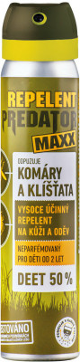 Repelent do Afriky i Asie! Predator MAXX sprej 90ml Aerosolový repelent pro extrémní použití v kapesním balení. Chrání proti komárům, klíšťatům, muchničkám a dalšímu hmyzu. Vhodný pro děti od 2 let. Vysoký obsah účinné látky pro extrémní použití - DEET 50%